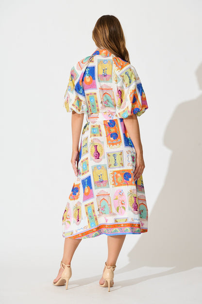 Serenity Midi Shirt Dress in Cream with Multi Conversational Print