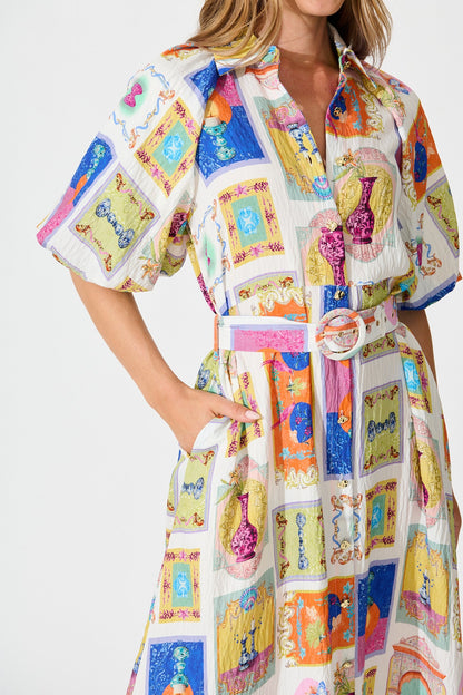 Serenity Midi Shirt Dress in Cream with Multi Conversational Print