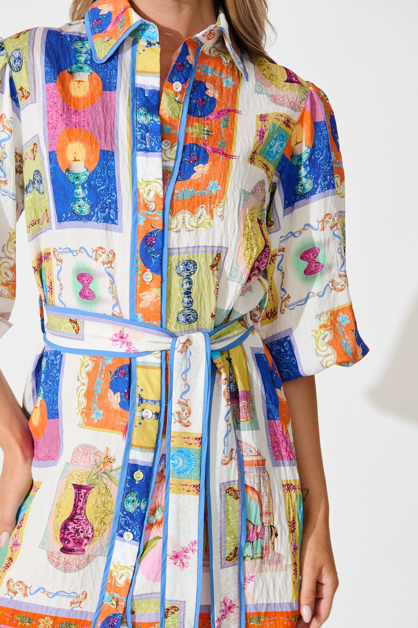 Oriella Shirt Dress in Cream with Multi Conversational Print