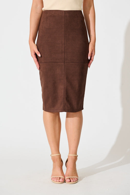 Hold Tight Midi Skirt in Brown Suedette