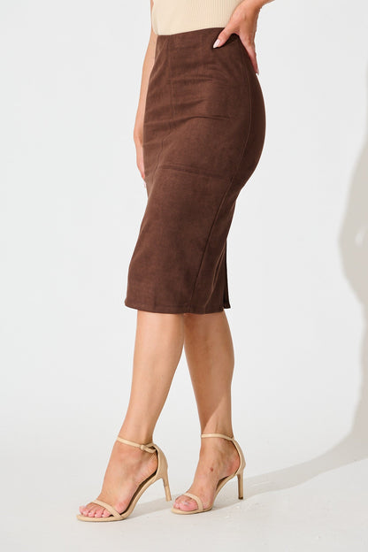 Hold Tight Midi Skirt in Brown Suedette