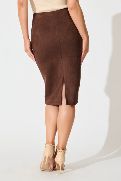 Hold Tight Midi Skirt in Brown Suedette