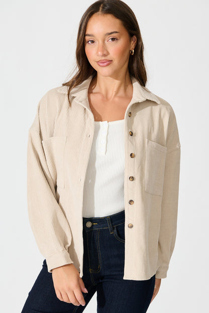 Riley Cord Shacket in Beige Cotton