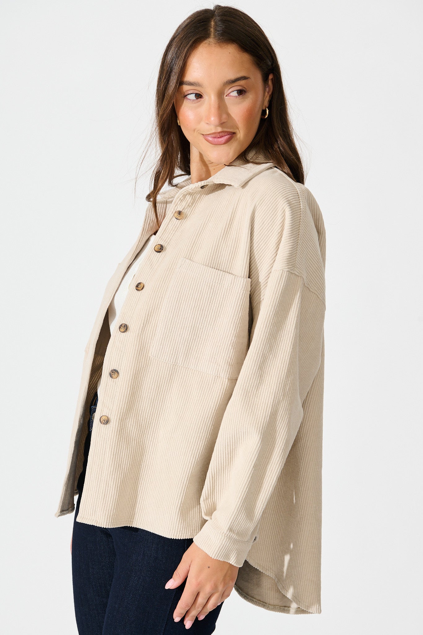 Riley Cord Shacket in Beige Cotton