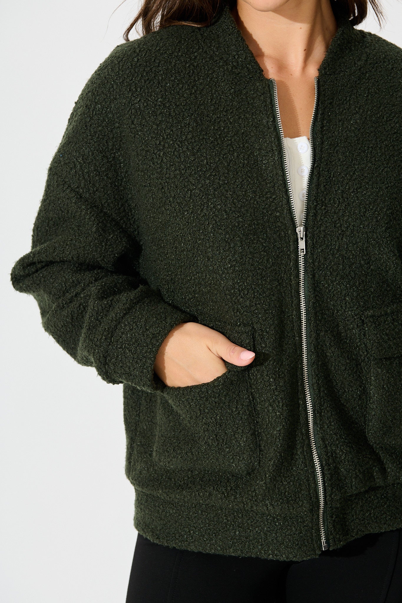 Kenzie Teddy Bomber Jacket in Khaki