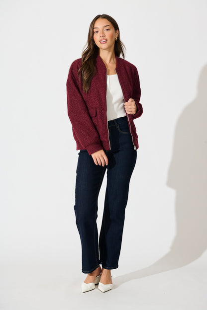 Kenzie Teddy Bomber Jacket in Wine