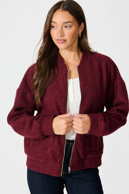 Kenzie Teddy Bomber Jacket in Wine