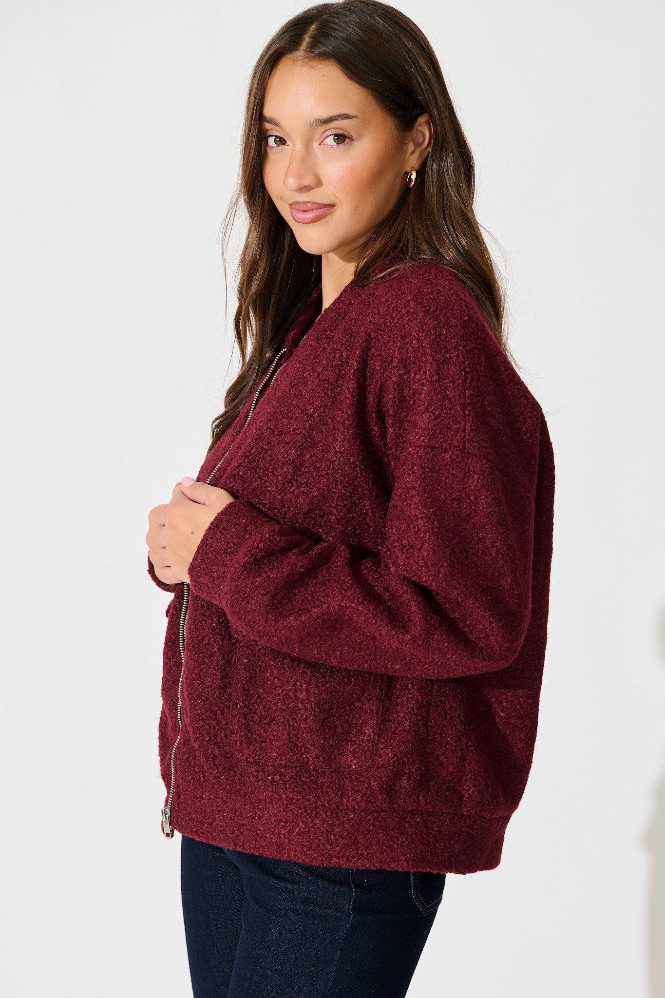 Kenzie Teddy Bomber Jacket in Wine