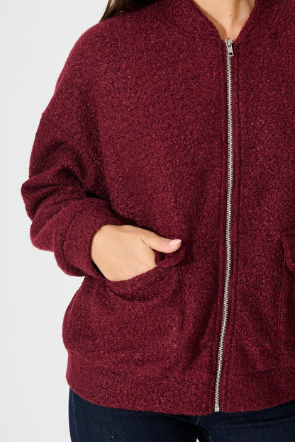 Kenzie Teddy Bomber Jacket in Wine