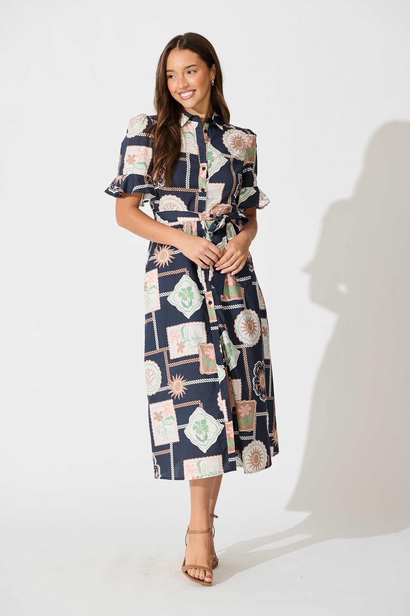 Libby Midi Shirt Dress in Navy with Multi Postcard Print Cotton
