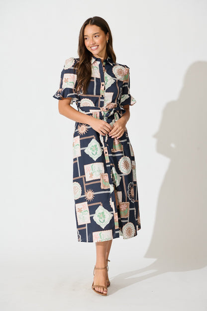 Libby Midi Shirt Dress in Navy with Multi Postcard Print Cotton