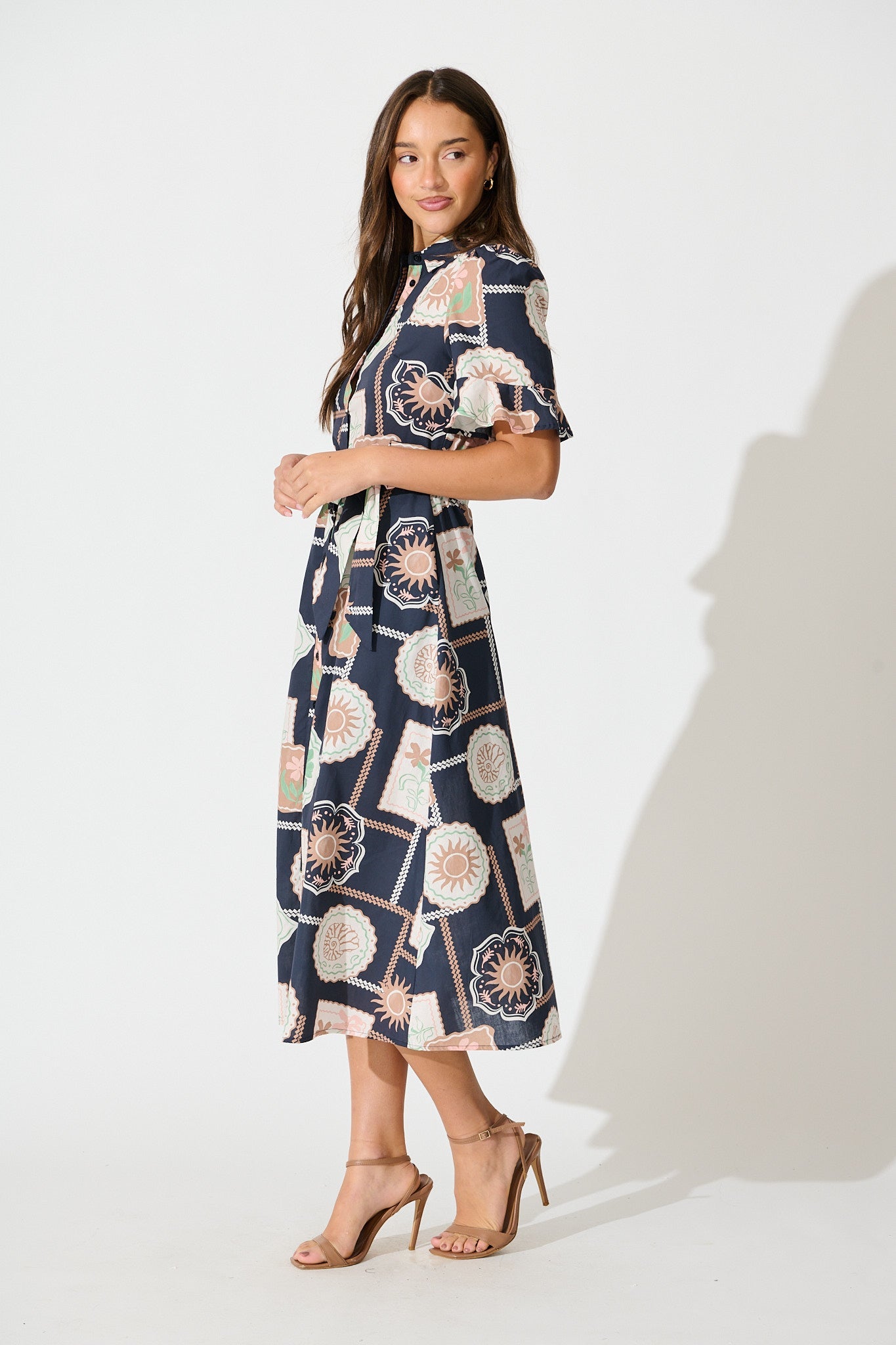 Libby Midi Shirt Dress in Navy with Multi Postcard Print Cotton