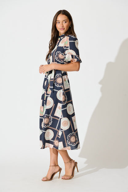 Libby Midi Shirt Dress in Navy with Multi Postcard Print Cotton