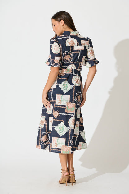 Libby Midi Shirt Dress in Navy with Multi Postcard Print Cotton