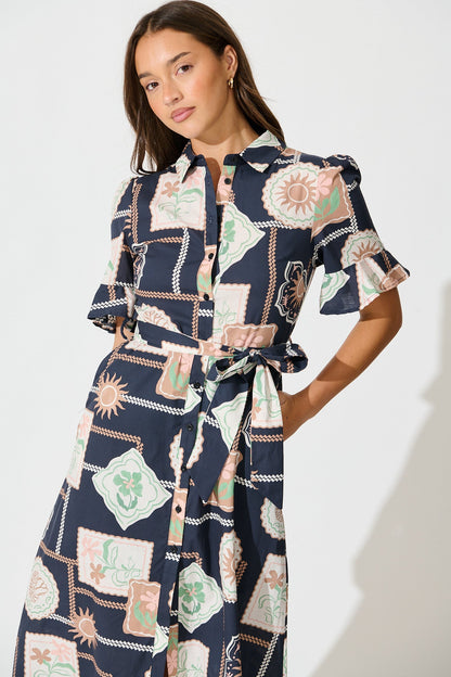 Libby Midi Shirt Dress in Navy with Multi Postcard Print Cotton