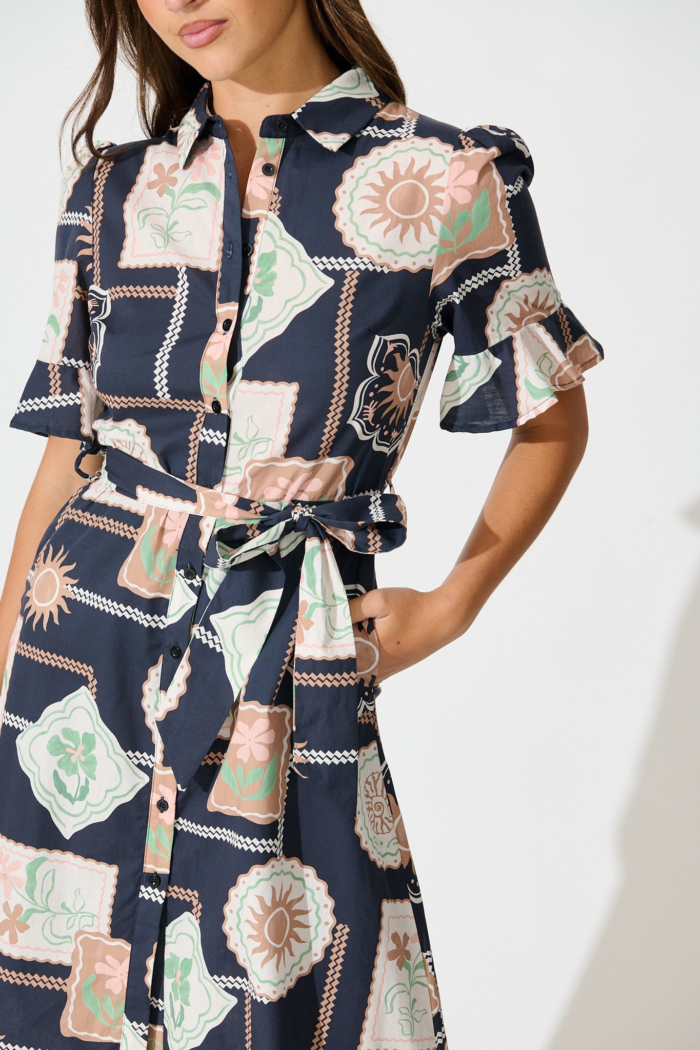 Libby Midi Shirt Dress in Navy with Multi Postcard Print Cotton