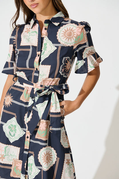Libby Midi Shirt Dress in Navy with Multi Postcard Print Cotton