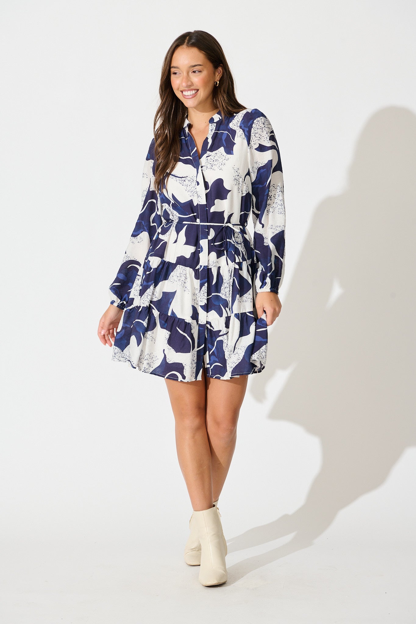Faye Dress in Navy with White Print