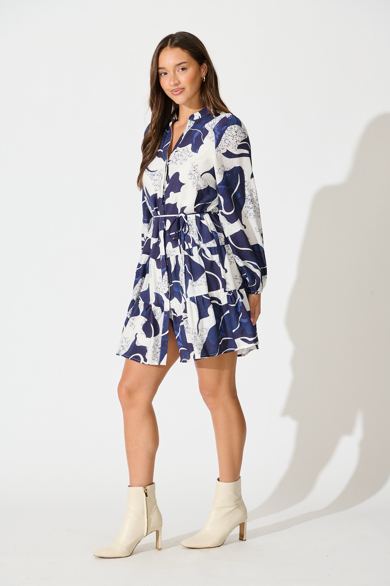 Faye Dress in Navy with White Print