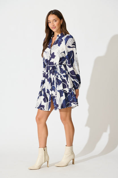 Faye Dress in Navy with White Print