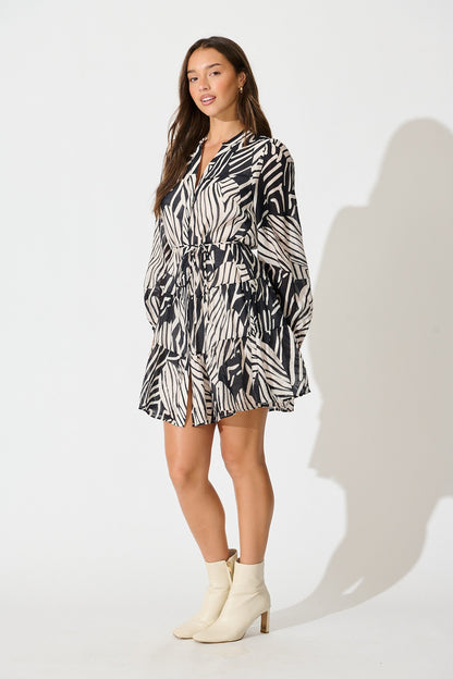 Stefania Dress in Black with White Print