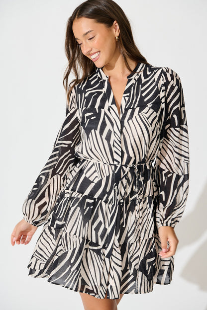 Stefania Dress in Black with White Print