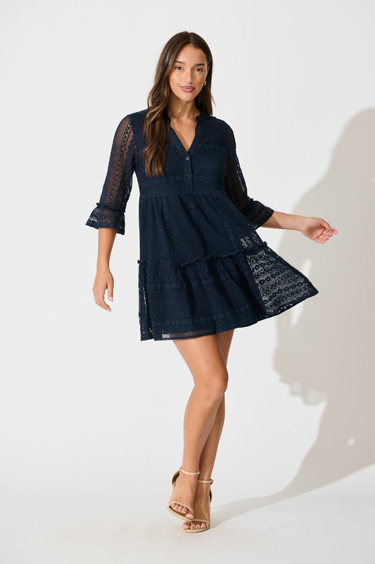 Loralie Dress in Navy Lace Cotton