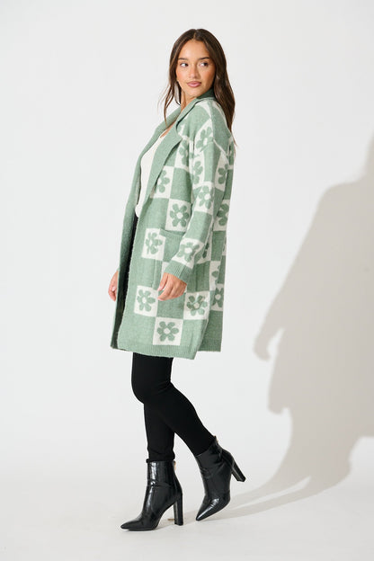 Kinney Knit Cardigan In Sage with Flower