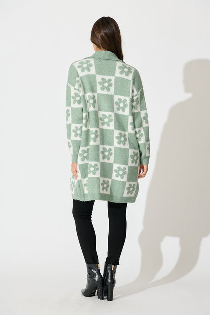 Kinney Knit Cardigan In Sage with Flower