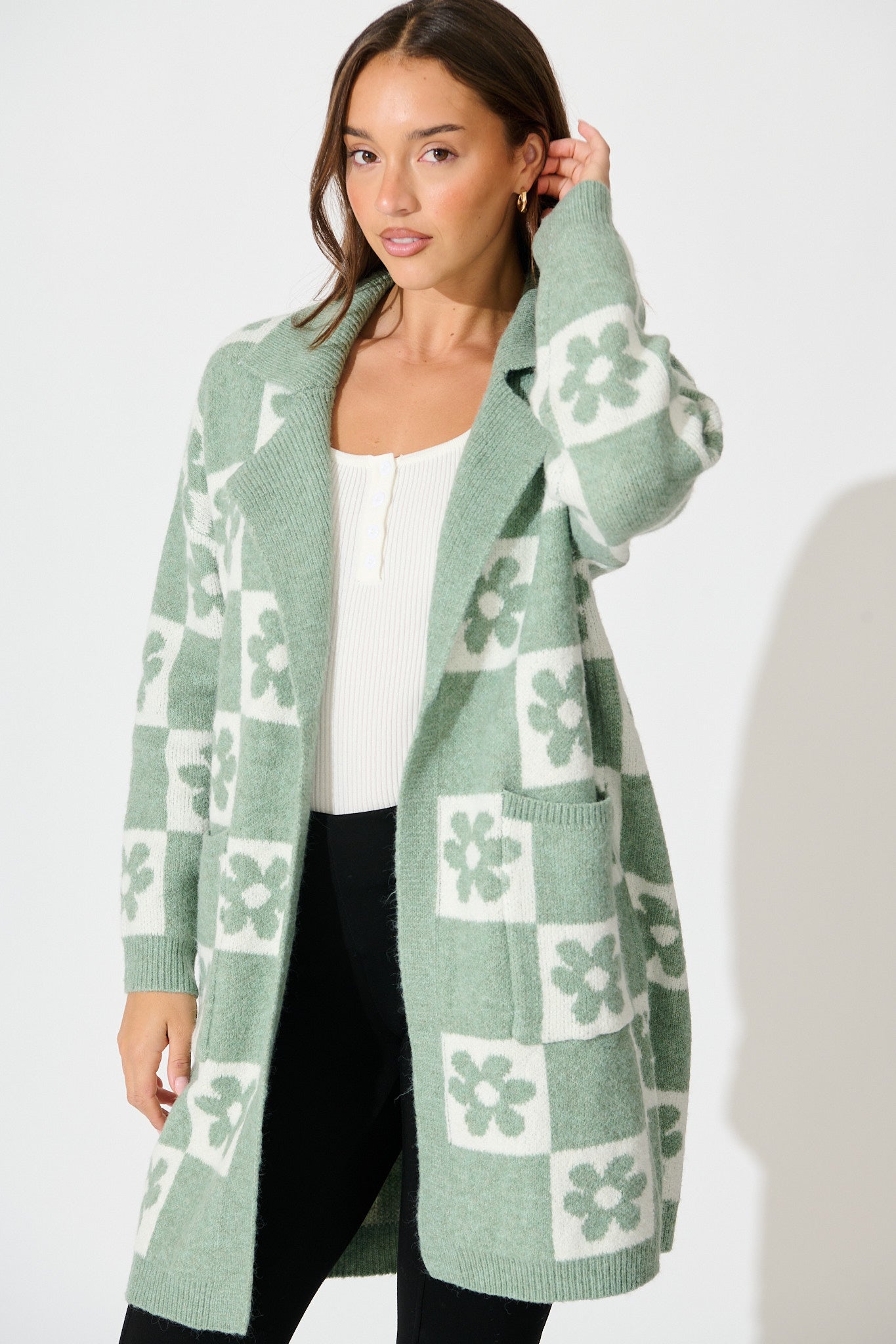Kinney Knit Cardigan In Sage with Flower