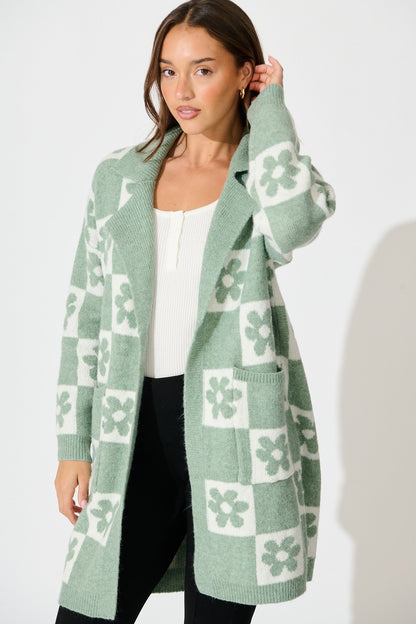Kinney Knit Cardigan In Sage with Flower