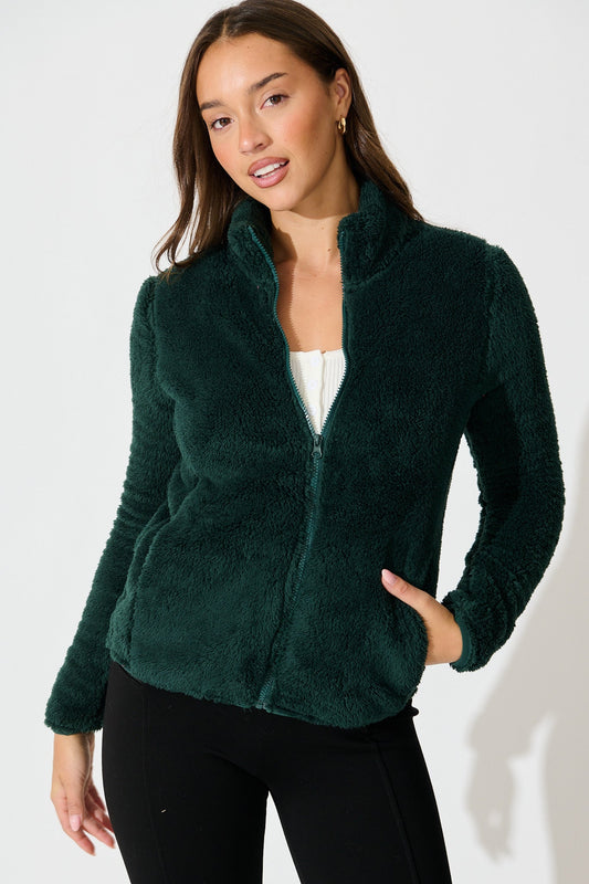 Linea Fluffy Jacket In Forest Green