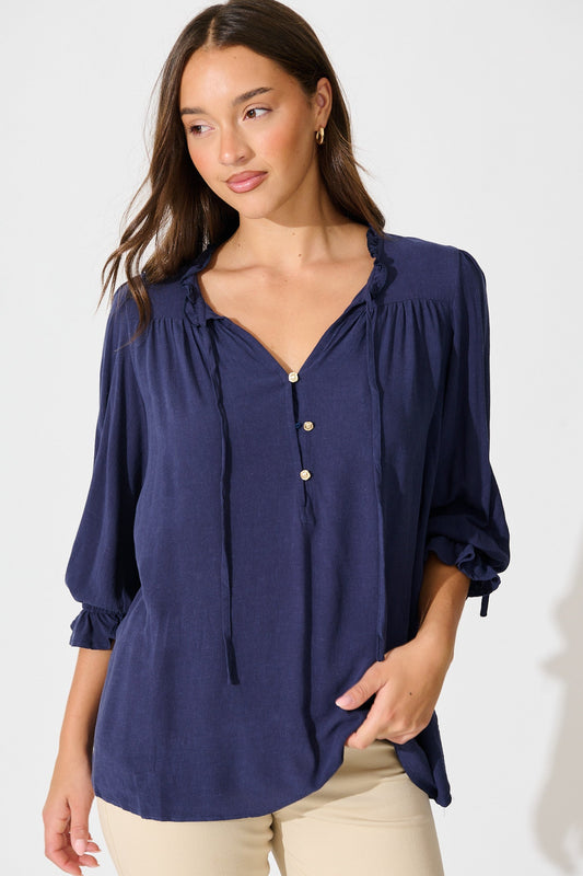 Bonnie Top in Navy Linen Blend