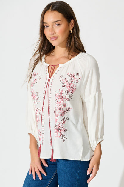 Tasha Top in White with Floral Embroidery