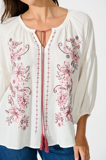Tasha Top in White with Floral Embroidery