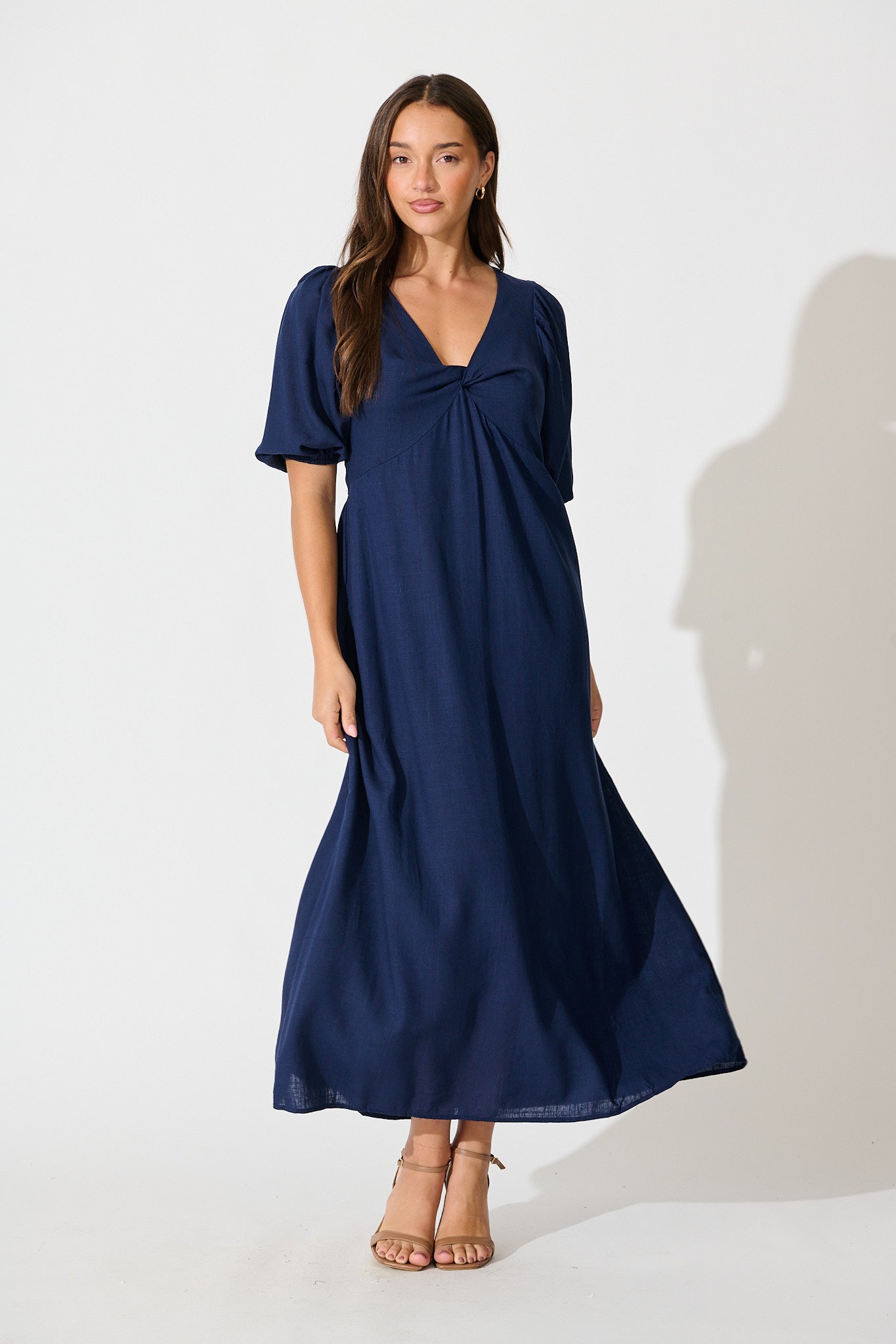 Calissa Midi Dress in Navy Linen Blend