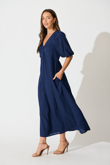 Calissa Midi Dress in Navy Linen Blend