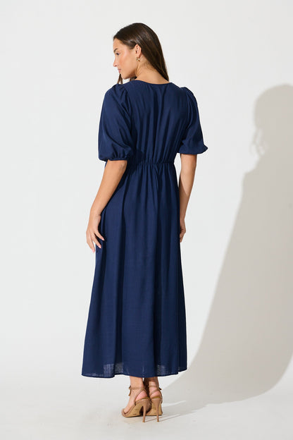 Calissa Midi Dress in Navy Linen Blend