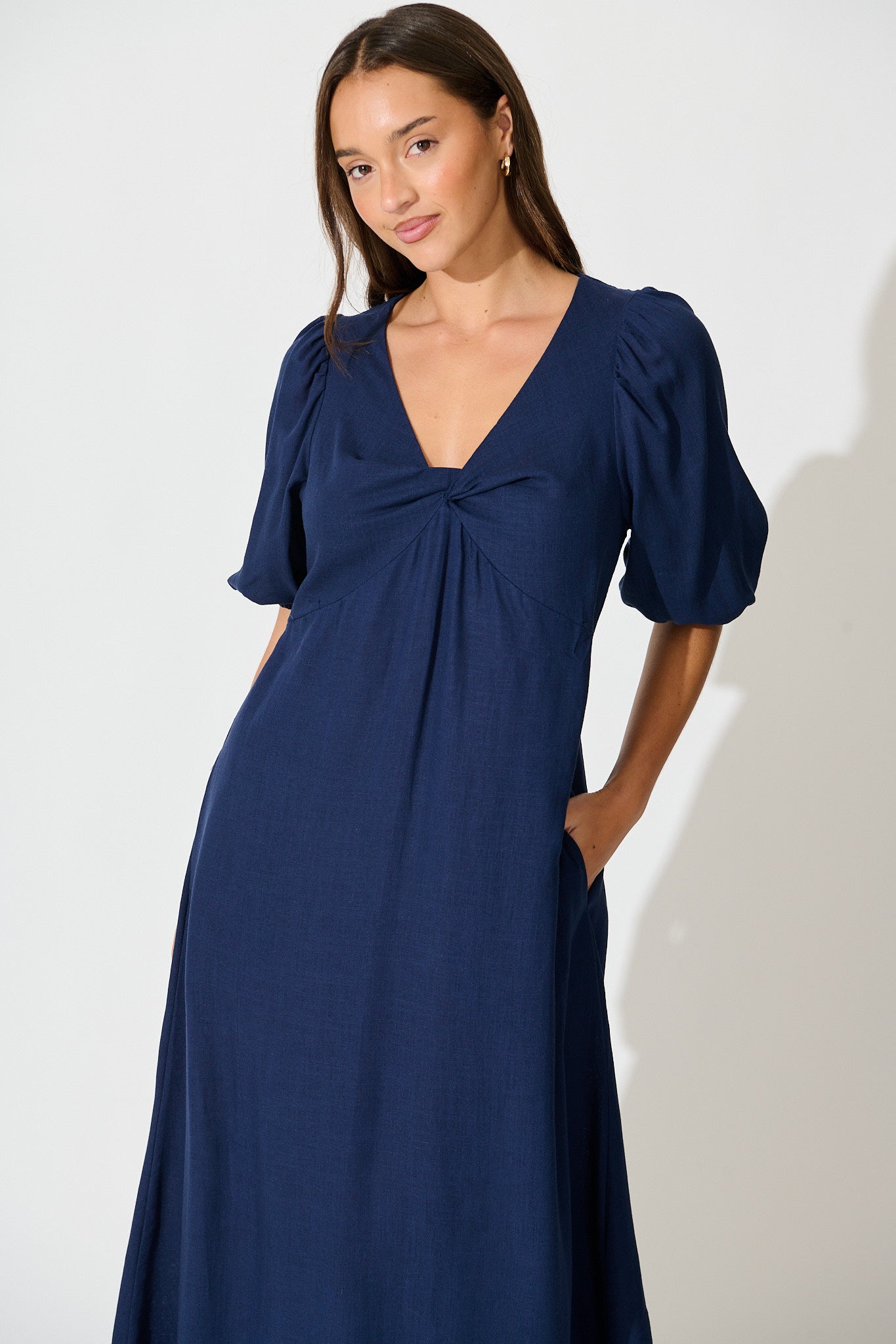 Calissa Midi Dress in Navy Linen Blend