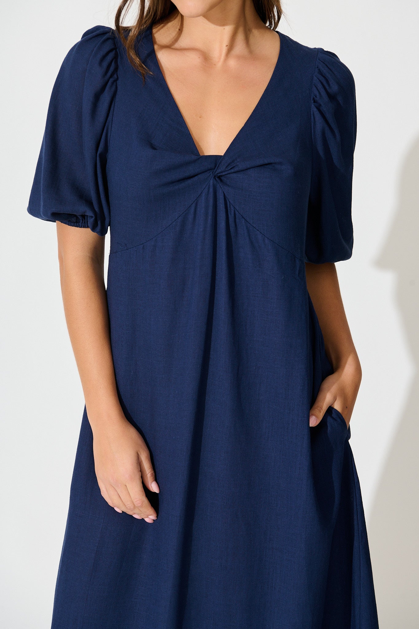 Calissa Midi Dress in Navy Linen Blend