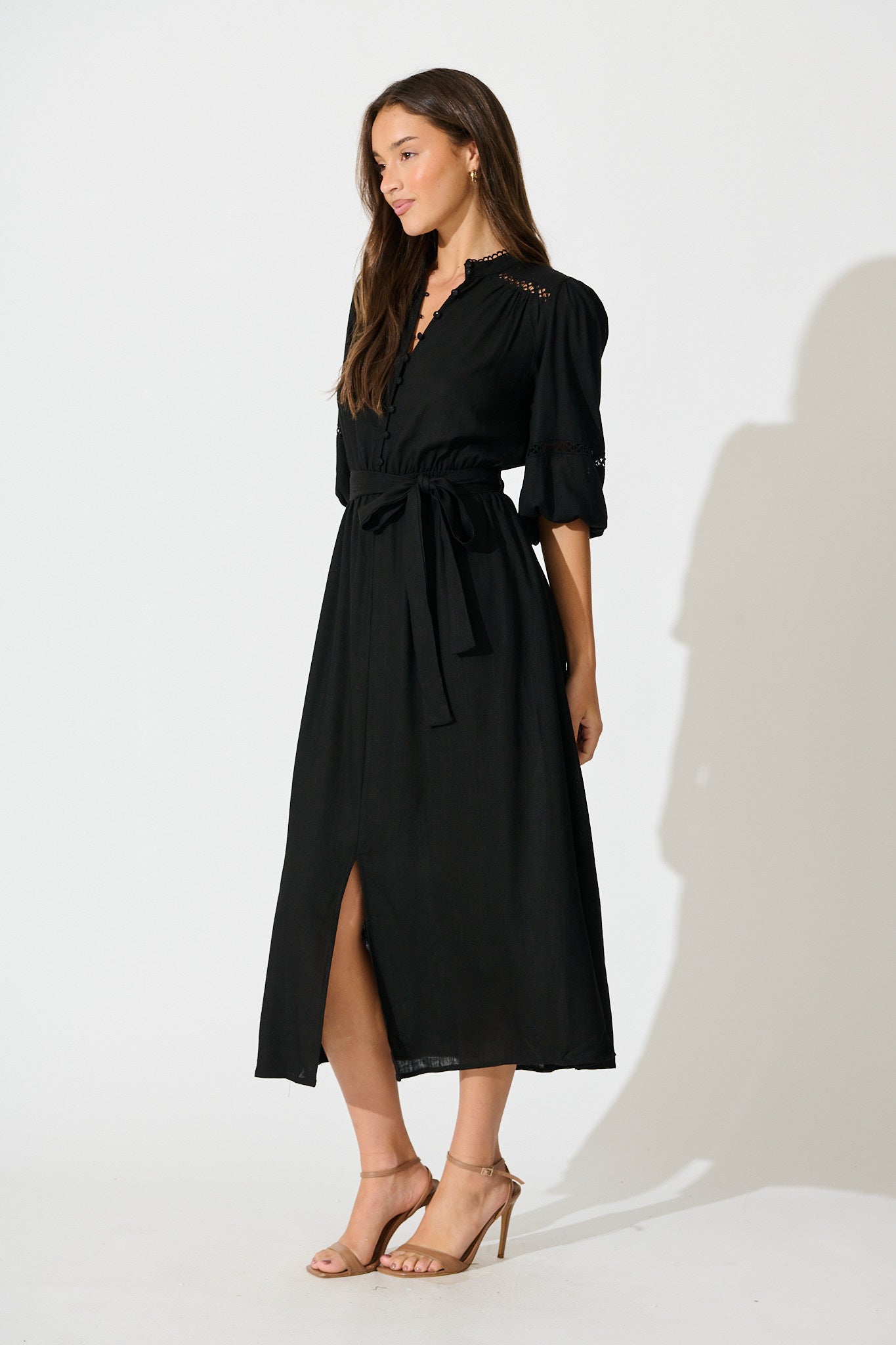 Matika Midi Dress in Black Linen Blend