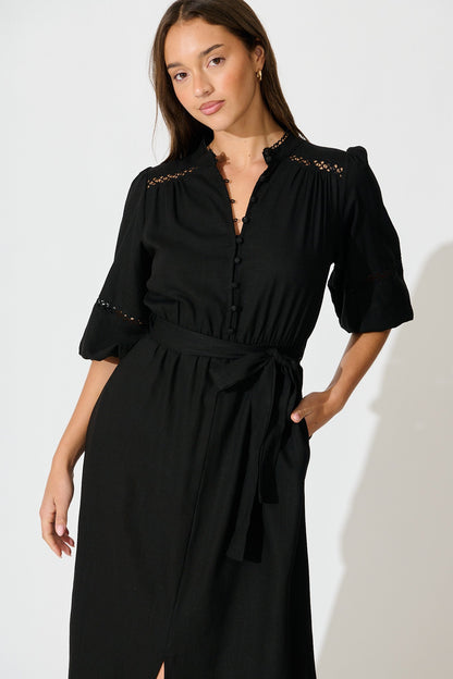 Matika Midi Dress in Black Linen Blend