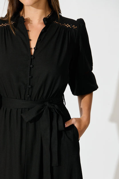 Matika Midi Dress in Black Linen Blend