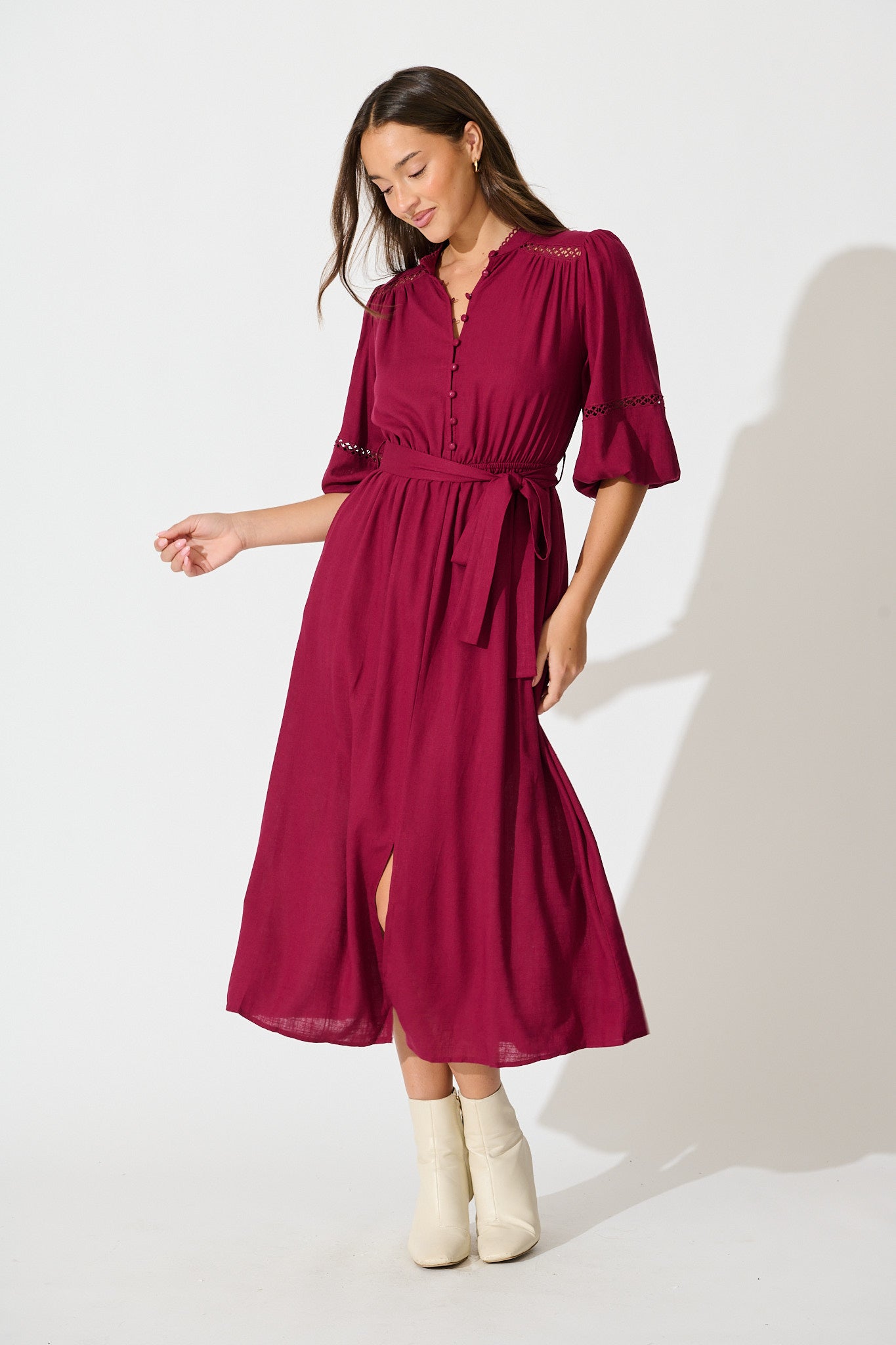 Matika Midi Dress in Wine Linen Blend