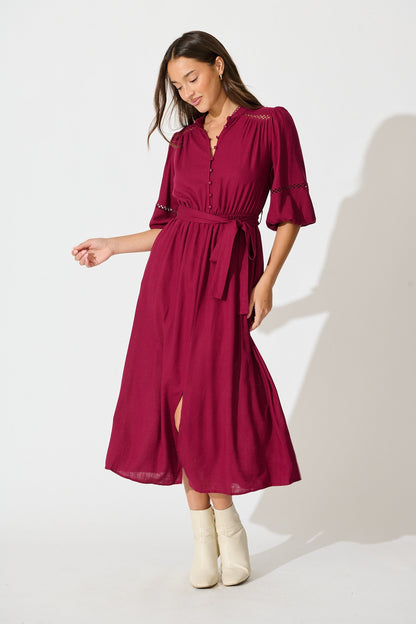 Matika Midi Dress in Wine Linen Blend