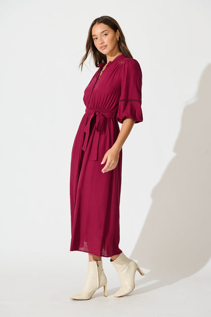 Matika Midi Dress in Wine Linen Blend