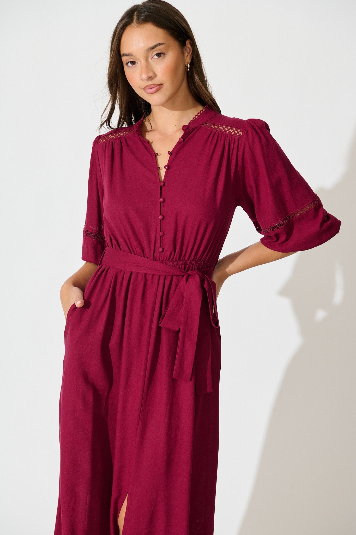 Matika Midi Dress in Wine Linen Blend