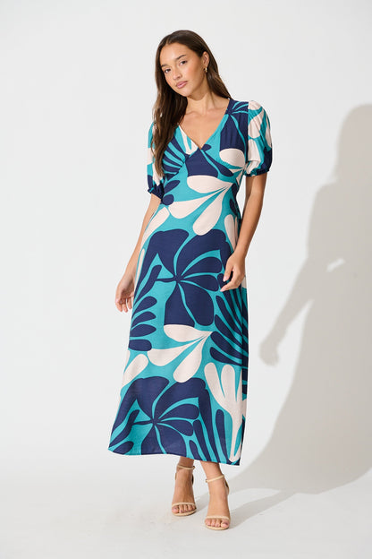 Allegra Maxi Dress in Multi Blue Print