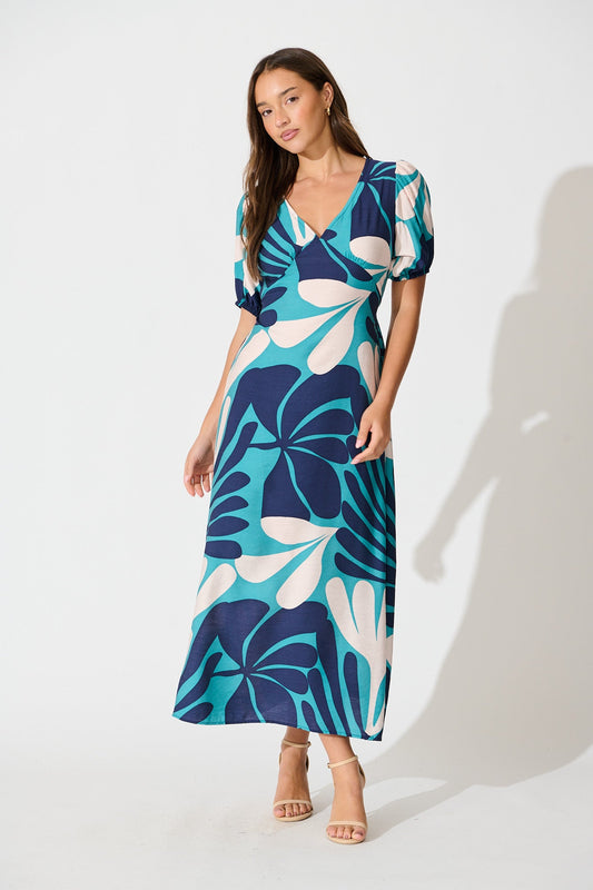 Allegra Maxi Dress in Multi Blue Print