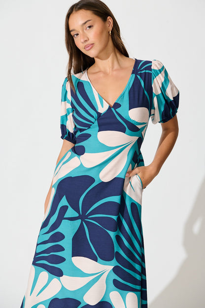 Allegra Maxi Dress in Multi Blue Print